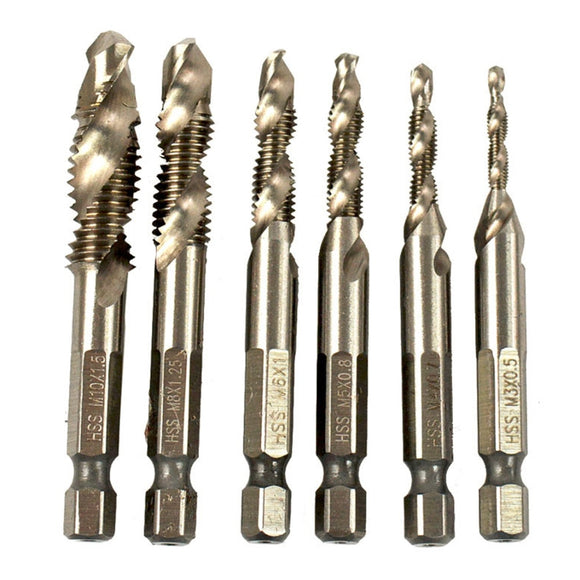 6pcs/set 1/4'' Hex HSS High Speed Steel Thread Spiral Screw M3 M4 M5 M6 M8 M10 Metric Composite Tap Drill Bit Tap