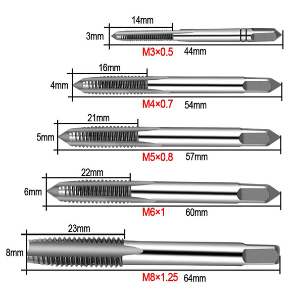 New 5PCS/Set HSS M3 M4 M5 M6 M8 Machine Spiral Point Straight Fluted Screw Thread Metric Plug Hand Tap Drill