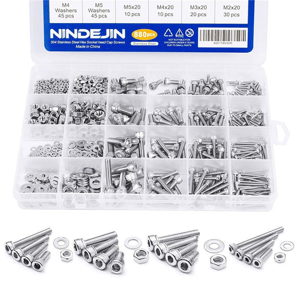 NINDEJIN 880pcs Hex Socket Head Cap Screw Set M2 M3 M4 M5 Stainless Steel Hexagon Flat Round Cap Head Screw Kit Assortment