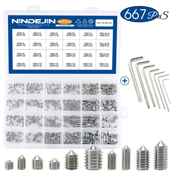 667pcs Hex hexagon socket cone point set screw assortment kit M2 M2.5 M3 M4 M5 M6 M8 304 stainless steel set screw with hex key