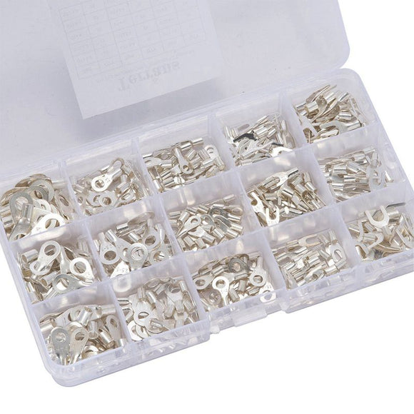 375 Pcs 15 in 1 Non-Insulated Ring Fork U-type Terminals Tin-Plated Copper Terminals Assortment Kit Cable Wire Connector Crimp S